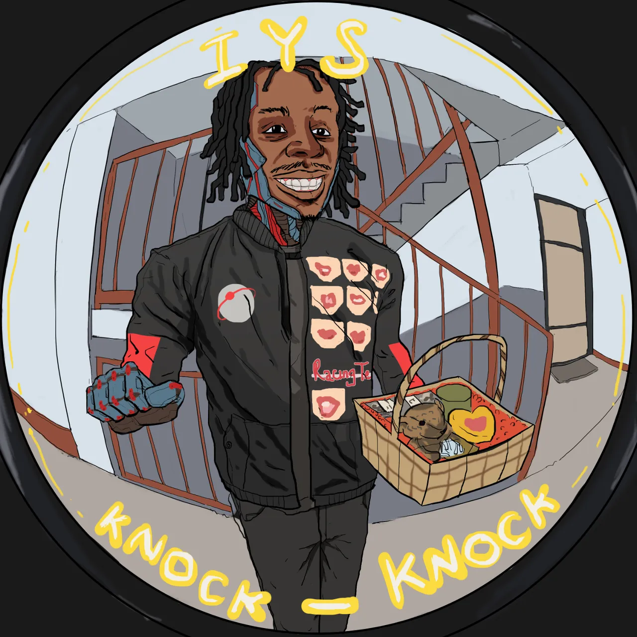 a cartoon of a cyborg young holding a basket that contains food, gift and money while knocking at the door, twinkle sliver tooth, door camera fish eye view.