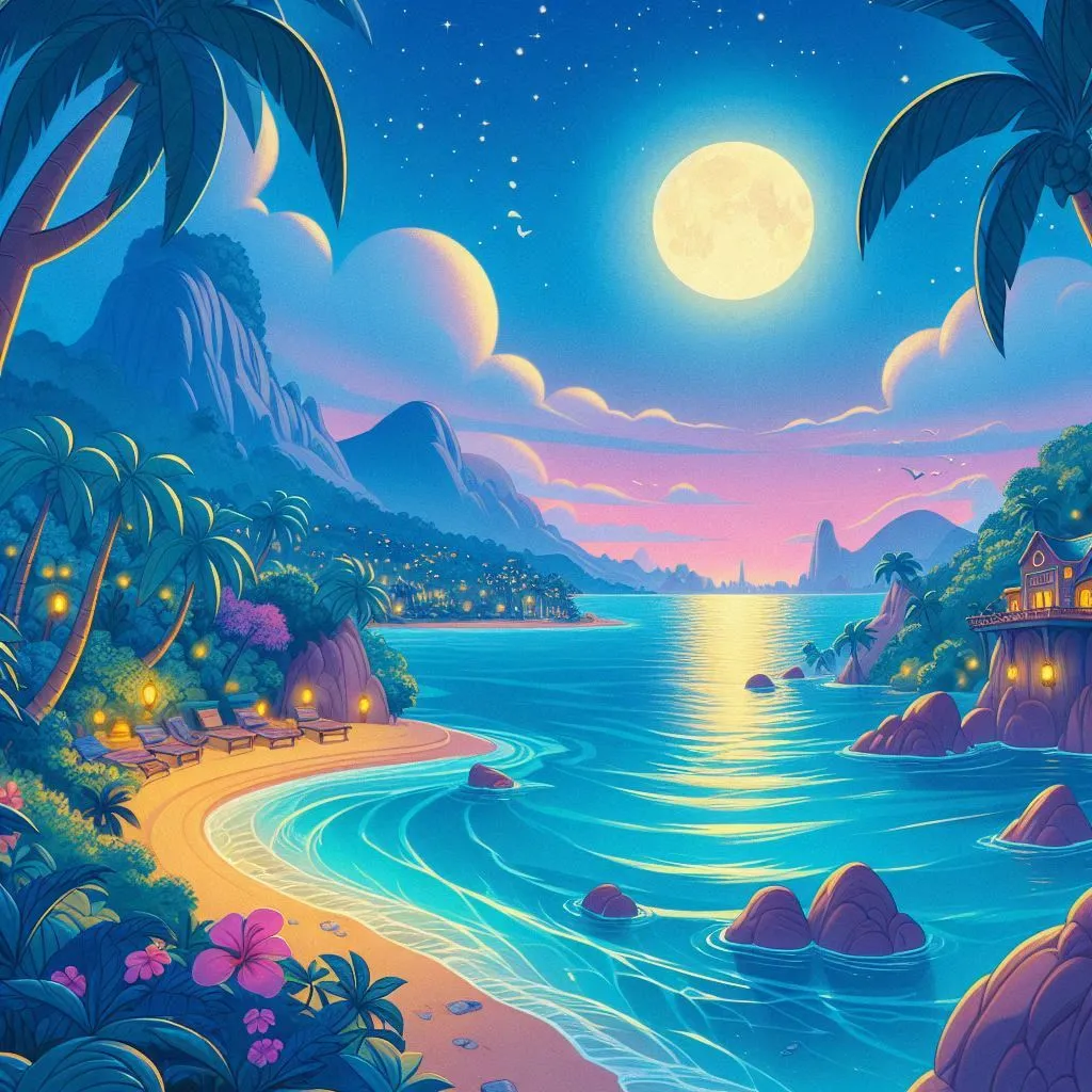 a painting of a beach at night with a full moon