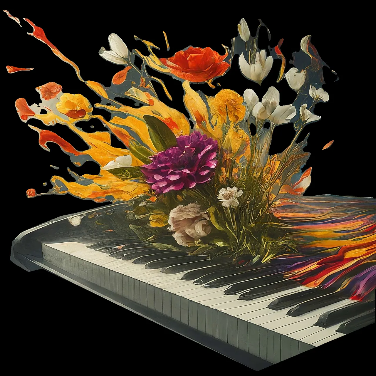 a painting of flowers on top of a piano