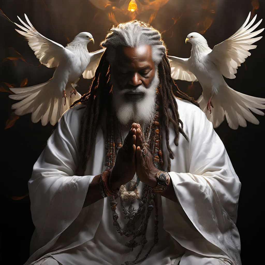 a man with dreadlocks sitting in front of two white doves