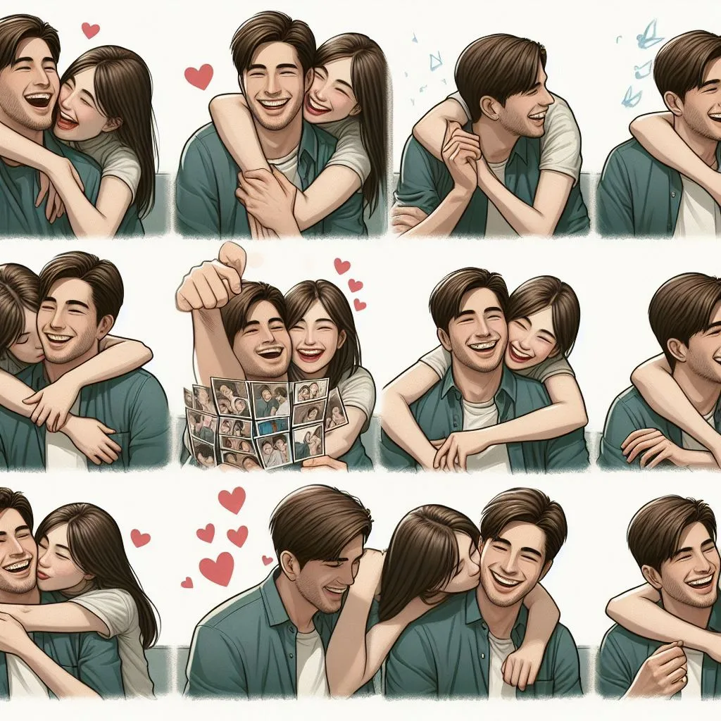 flashback sequence image showing happy moments between man and his beloved, such as hugs, kisses and laughter.