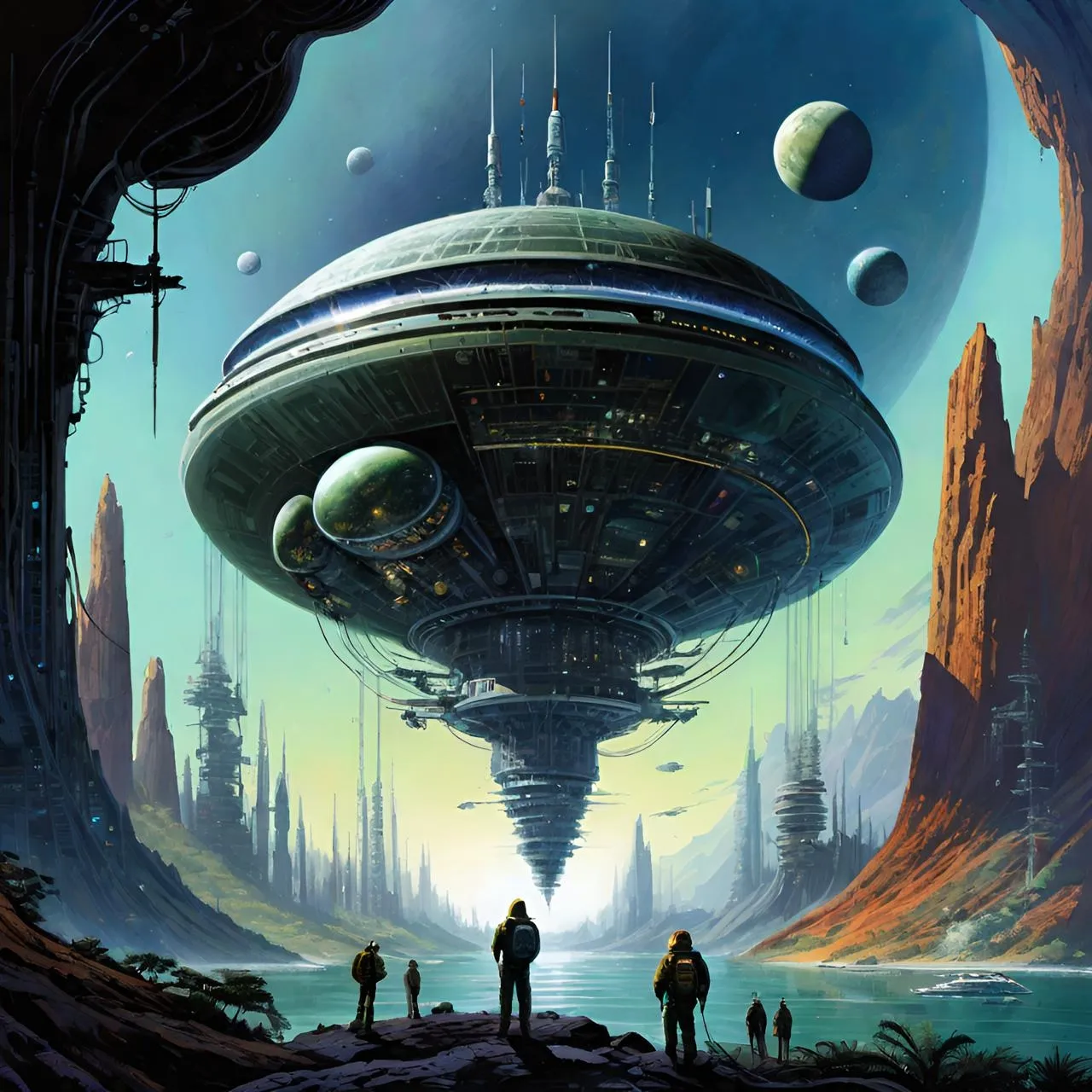 a group of people standing in front of a giant alien ship