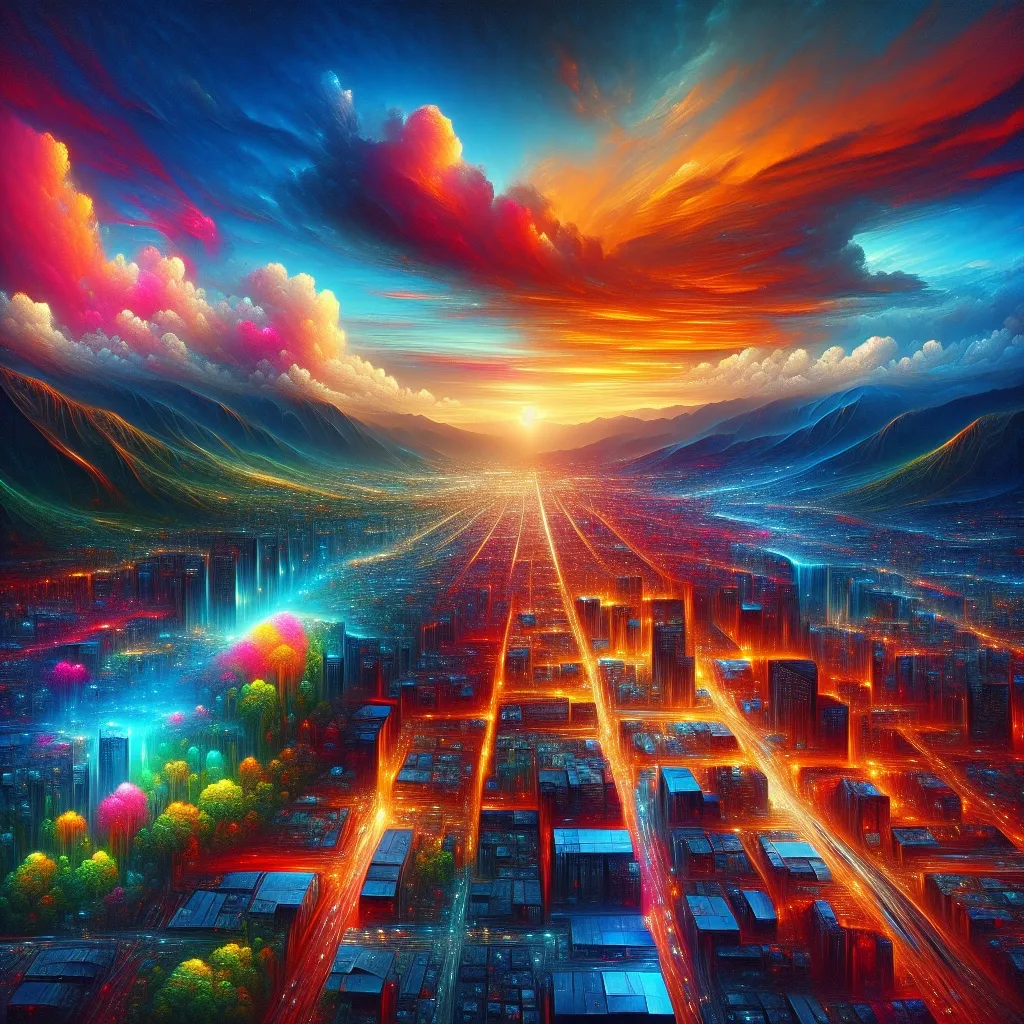 a painting of a city at sunset