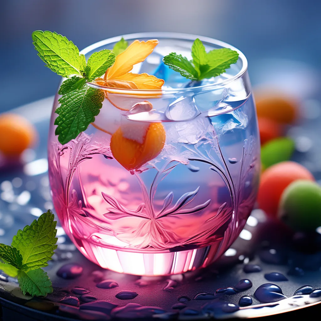 a glass filled with ice and fruit on top of a table