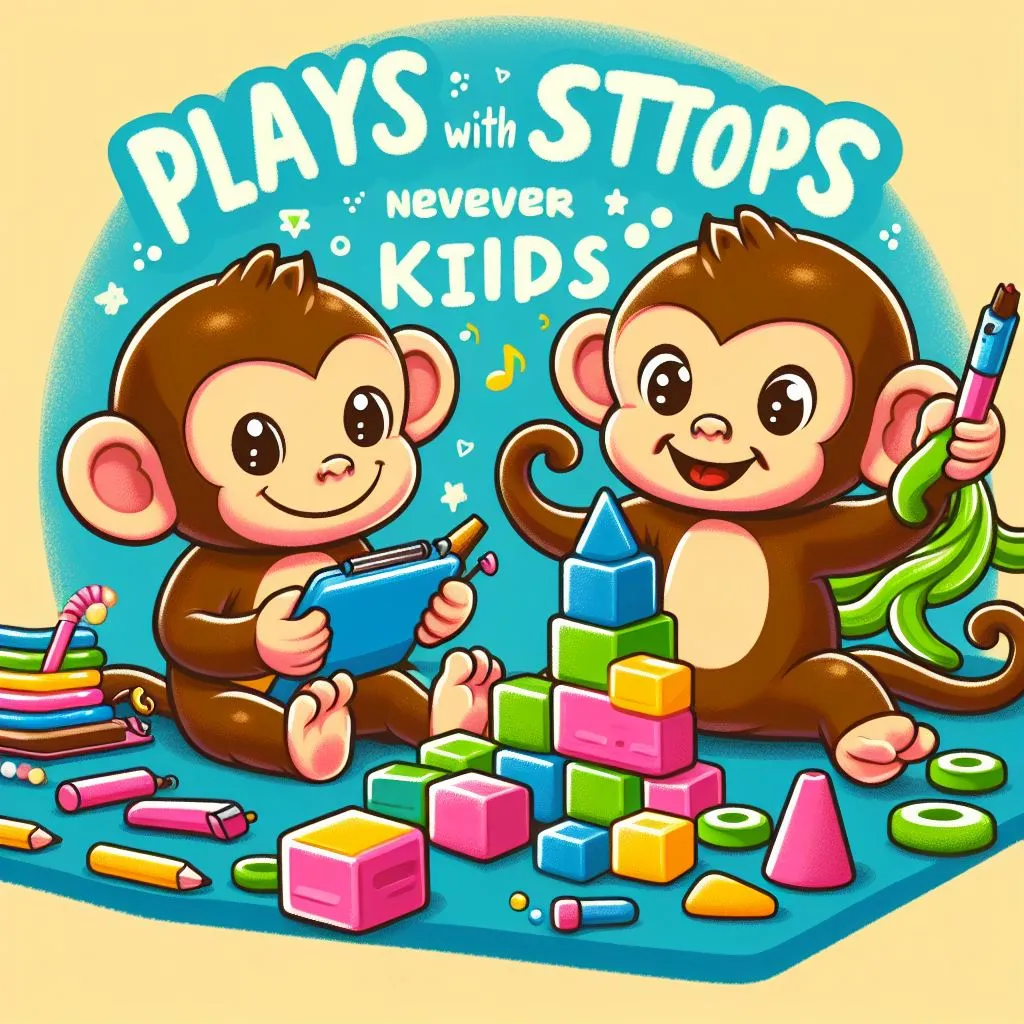 two monkeys playing with toys and a sign that says plays with stops never kids