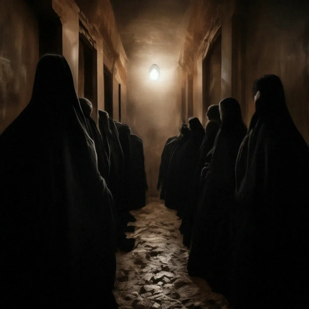 a group of people walking down a dark hallway