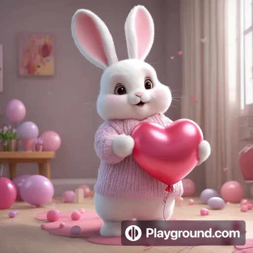 a white rabbit holding a heart in a room filled with balloons