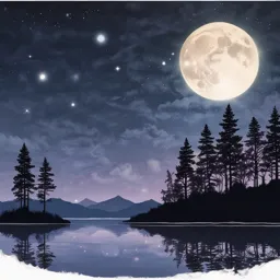 a night scene with a full moon over a lake