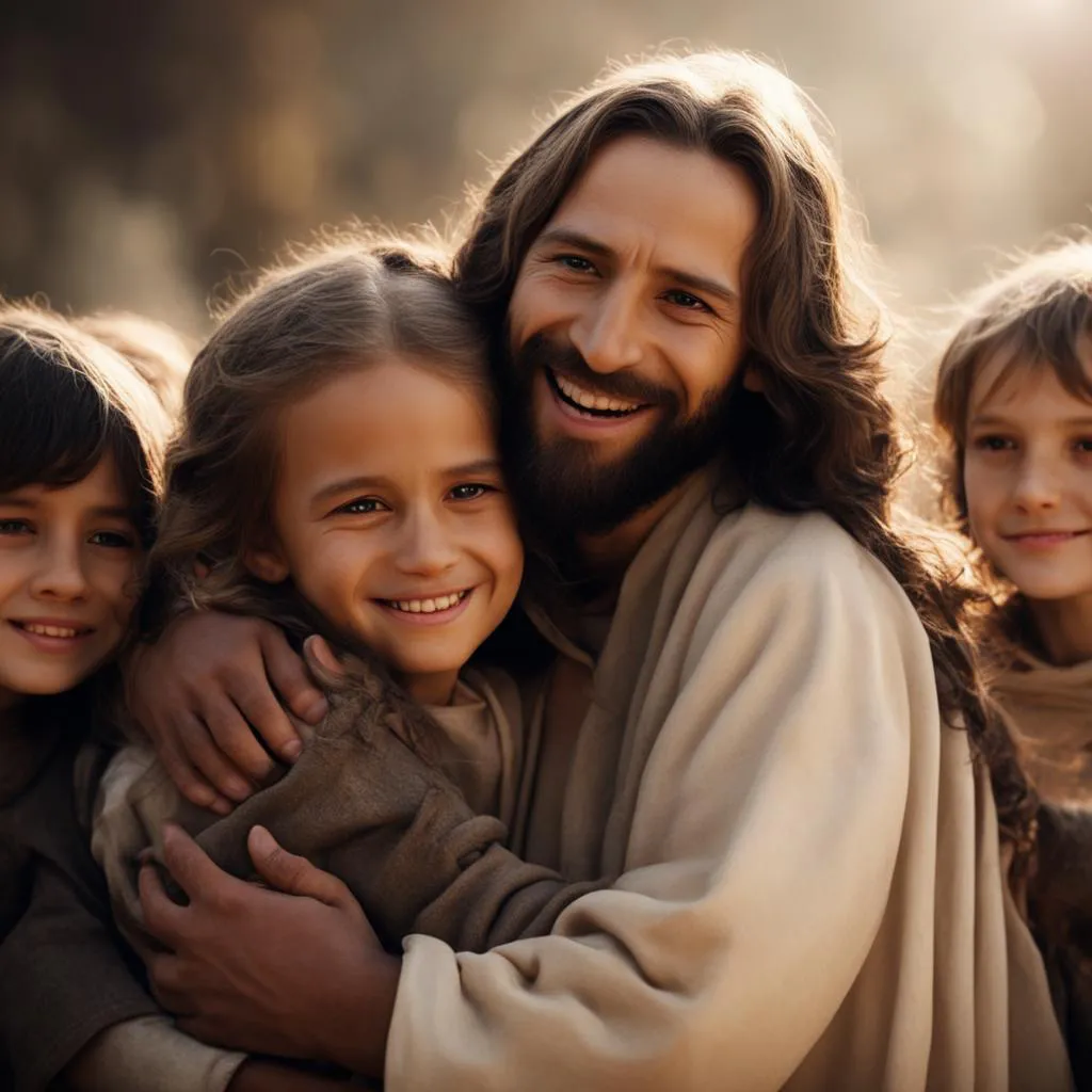 a picture of jesus with three children