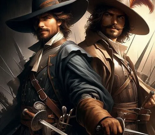 a painting of two men with swords