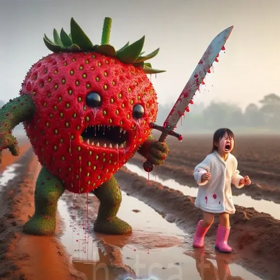 a little girl  running away from a giant strawberry with sword in his hand