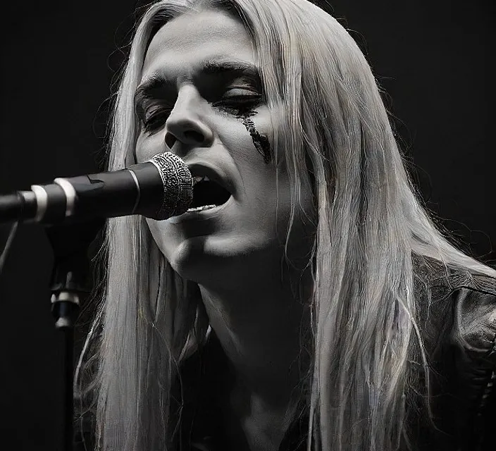 A mermaid with long blonde hair singing into a seashell microphone, underwater world in the background