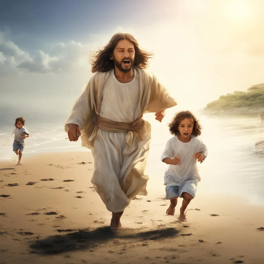 a man and a little girl running on a beach