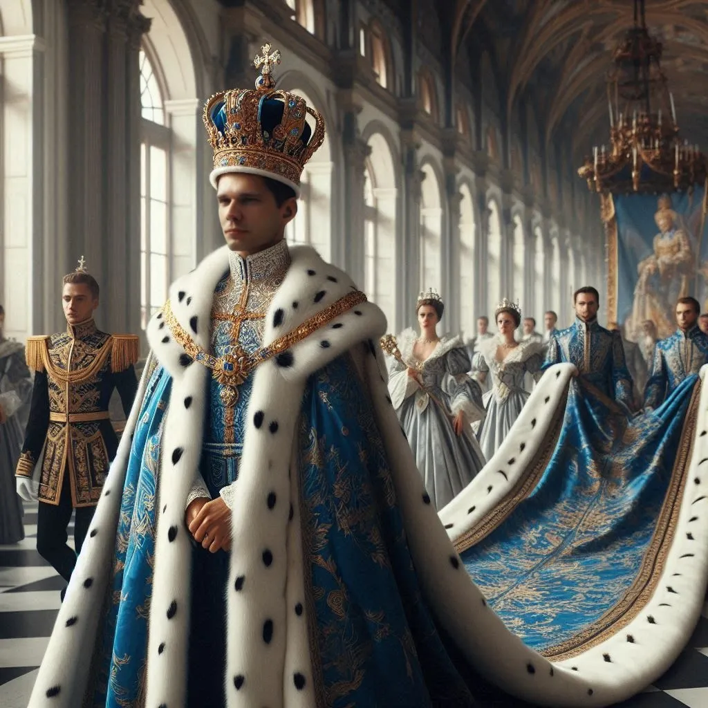 A man in a blue and white gown with a crown, seated on a sleek futuristic throne in a minimalist room of glowing blue lights