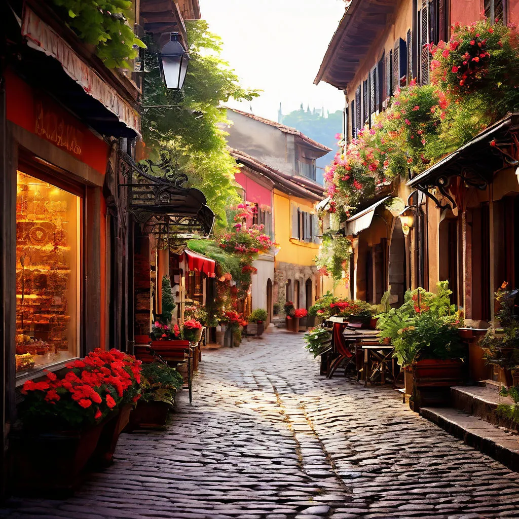 a cobblestone street lined with potted plants