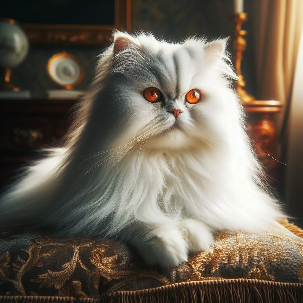 a white cat with orange eyes sitting on a chair