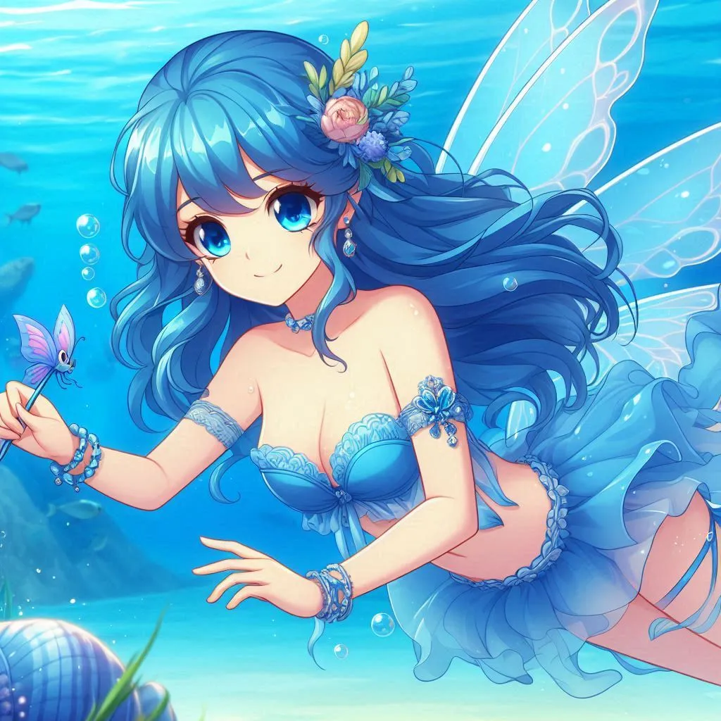  a beautiful fairy with blue hair wearing blue lehehengaa swiiming under the water D animation cartoon