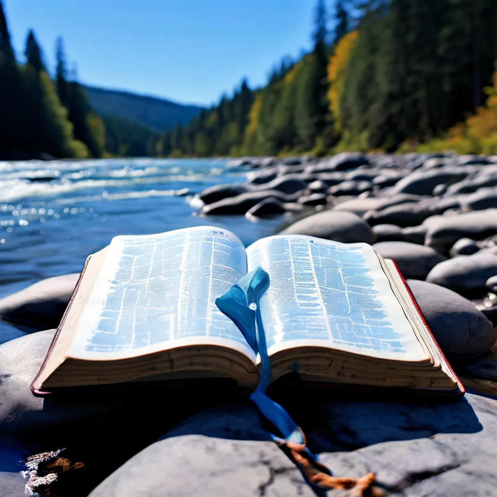 an open book sitting on top of a rock next to a river