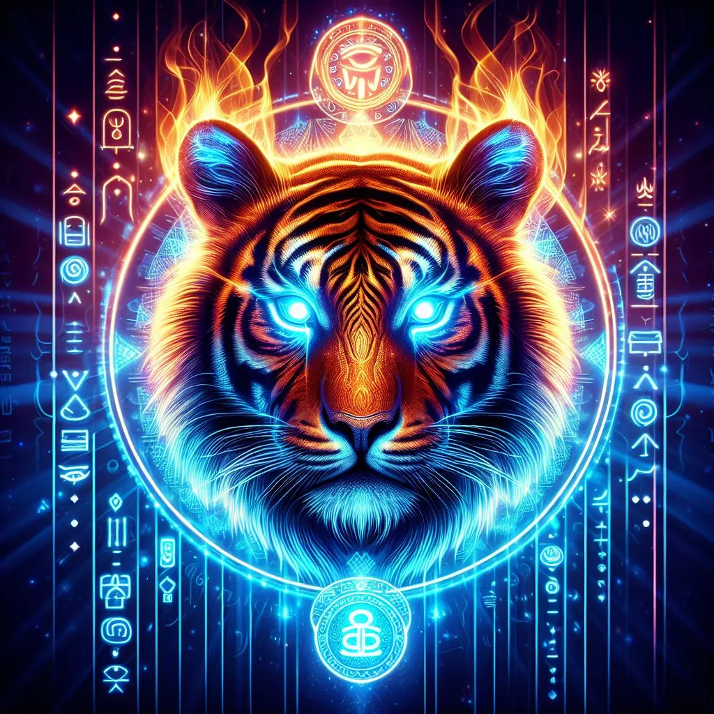 a tiger's face with glowing blue eyes