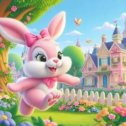 a cartoon bunny is in front of a pink house