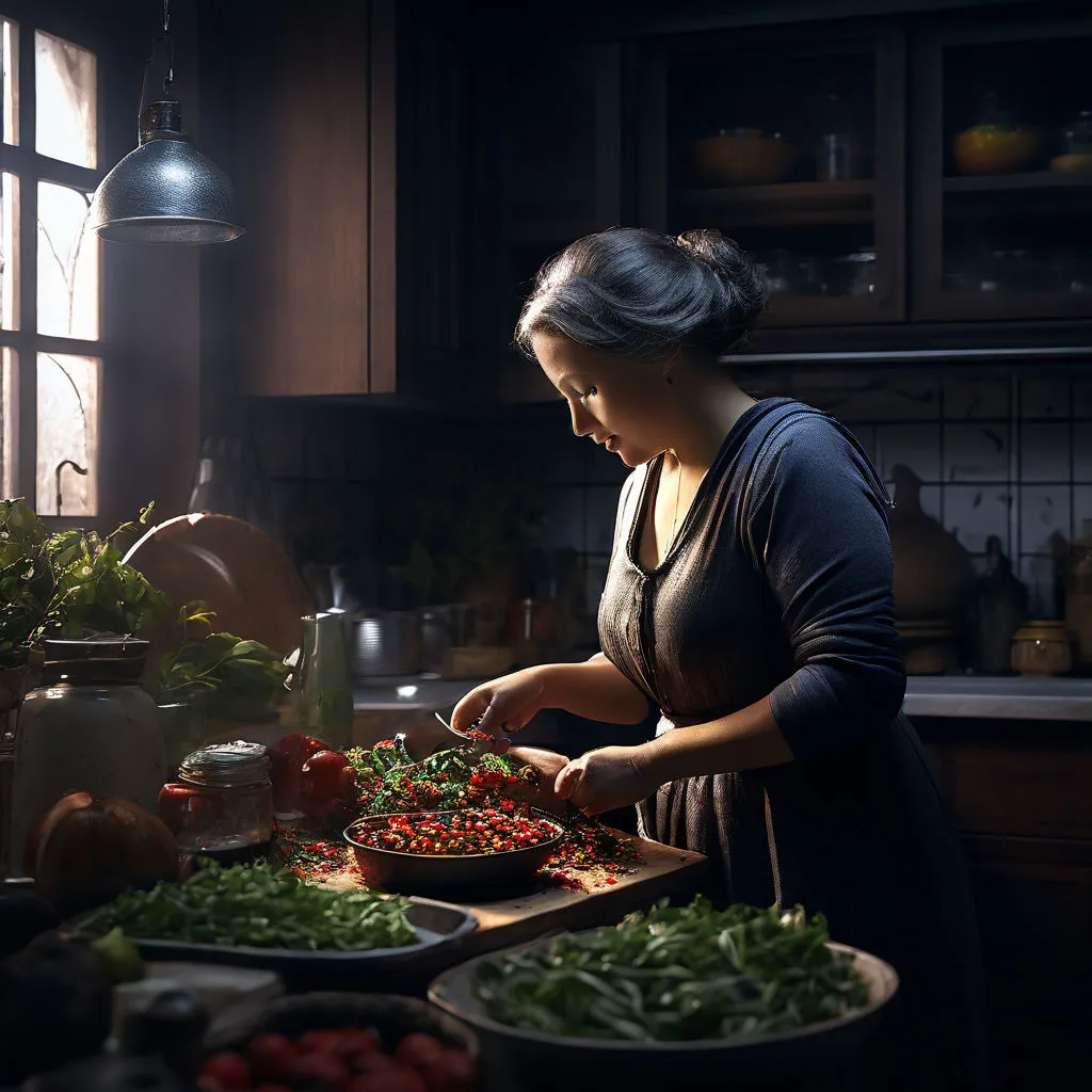 a woman in a kitchen preparing food on a cutting board