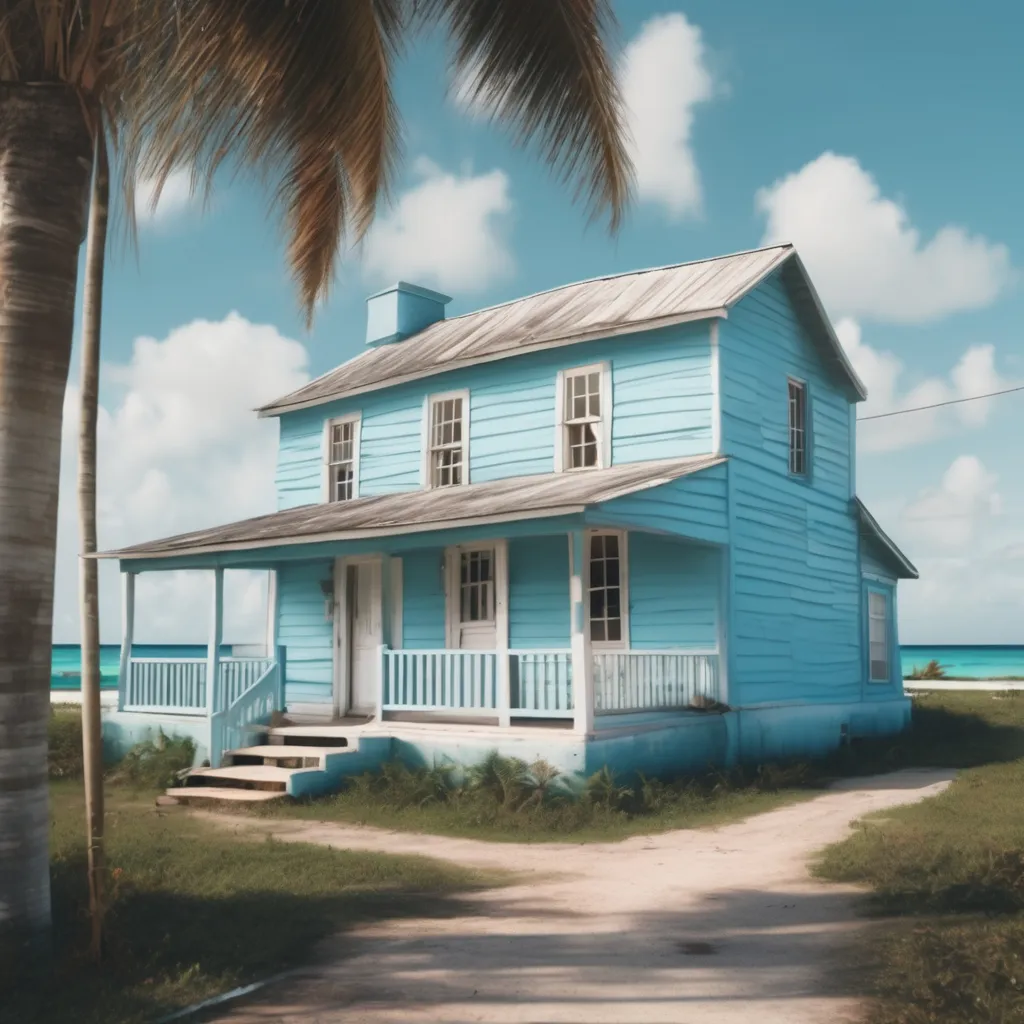 a blue house sitting on the side of a road