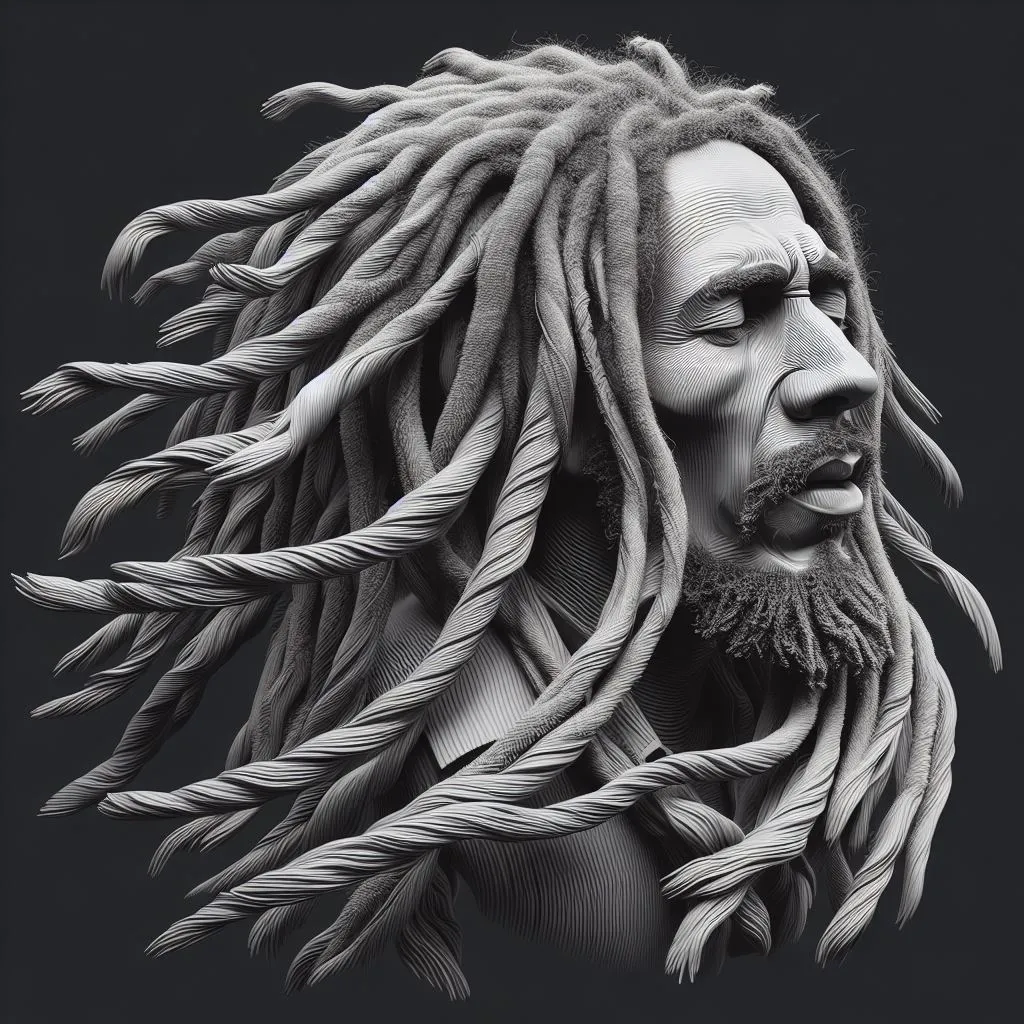 a black and white photo of a man with dreadlocks Bob Marley Moving his dreadlocks in the wind 