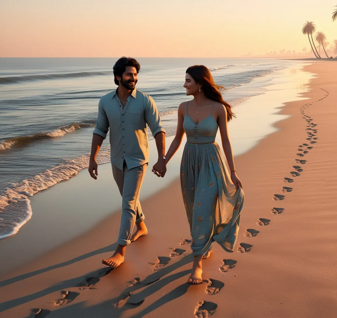 a man and a woman walking on a beach holding hands