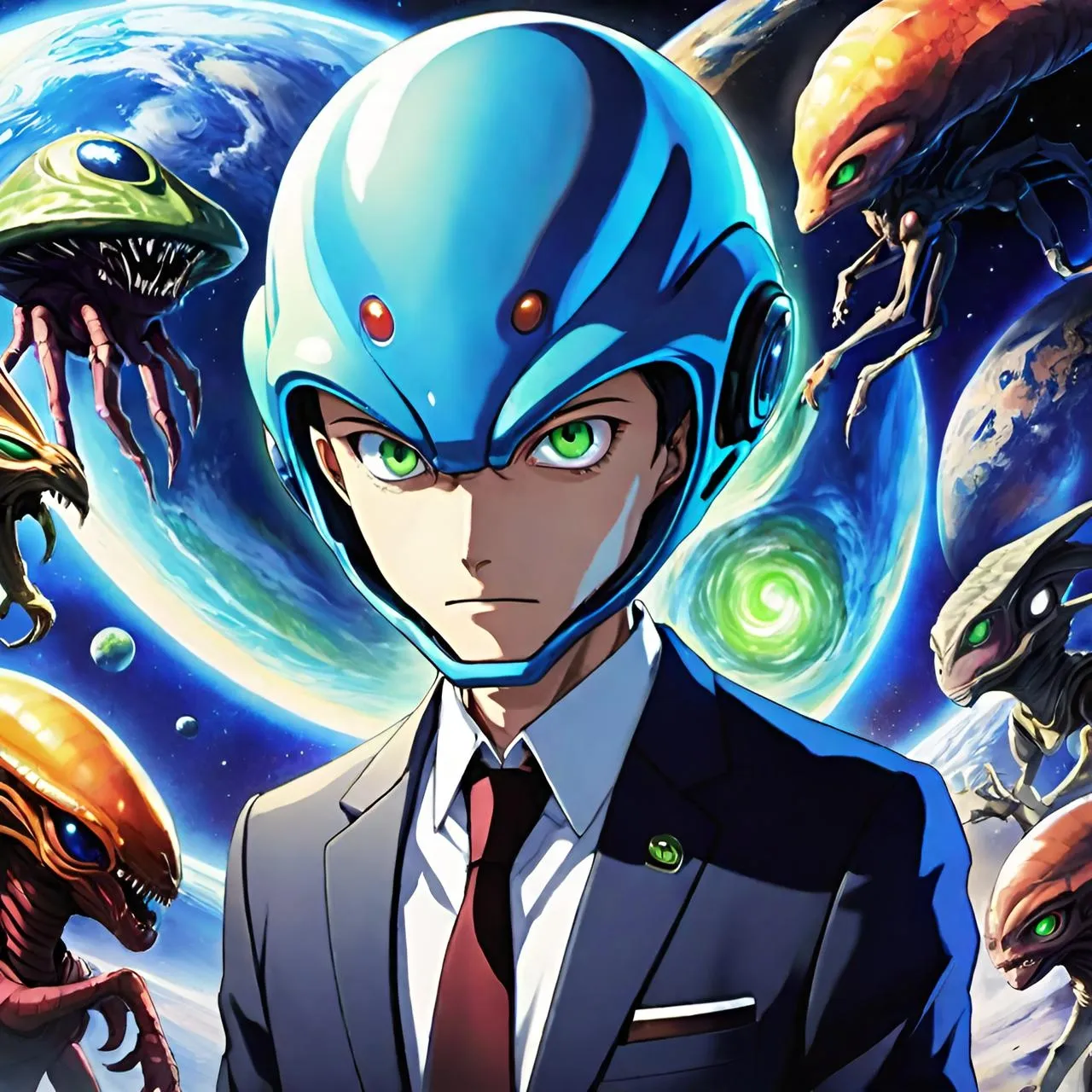 a man in a suit and tie standing in front of a group of aliens