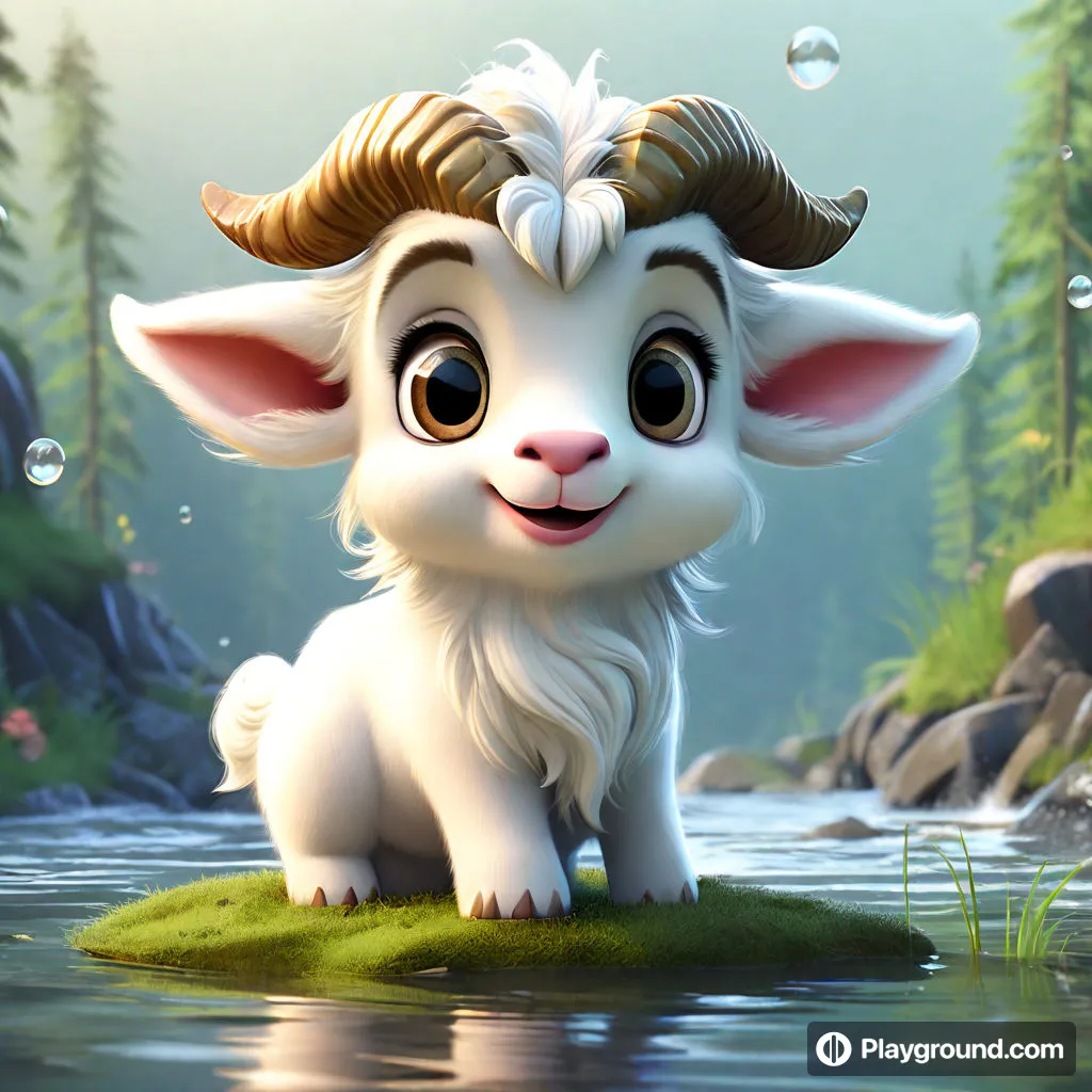 a cartoon goat sitting on top of a lush green field