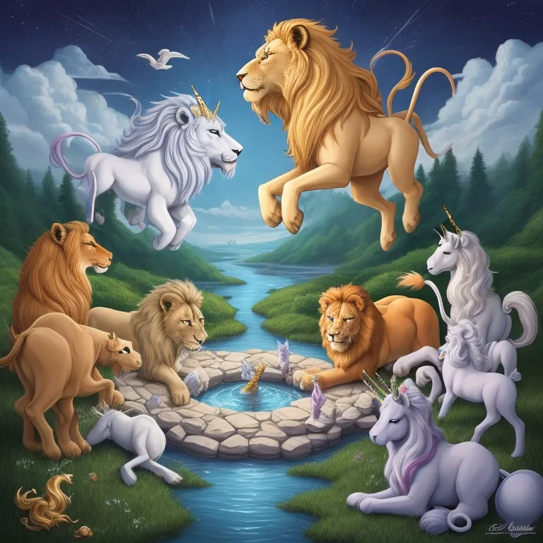 a painting of a group of lions playing in a pond