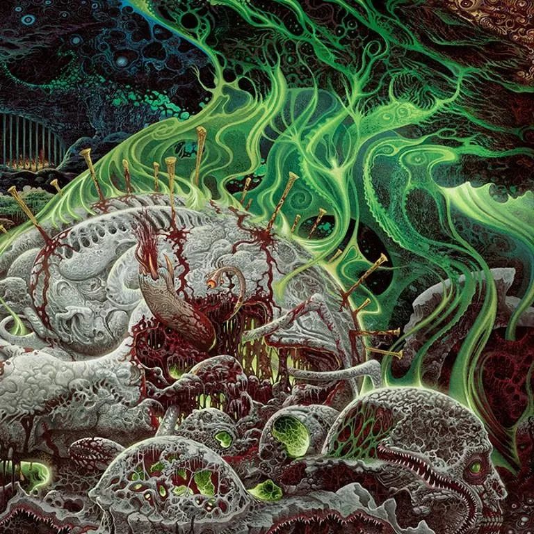 a painting of a creature surrounded by plants and rocks