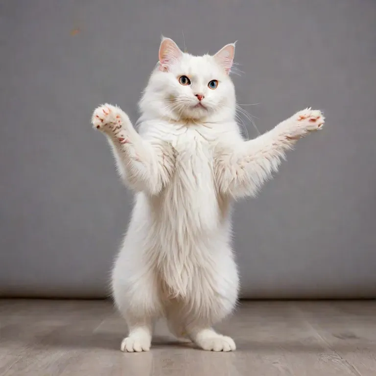 A white cat standing on its hind legs dancing