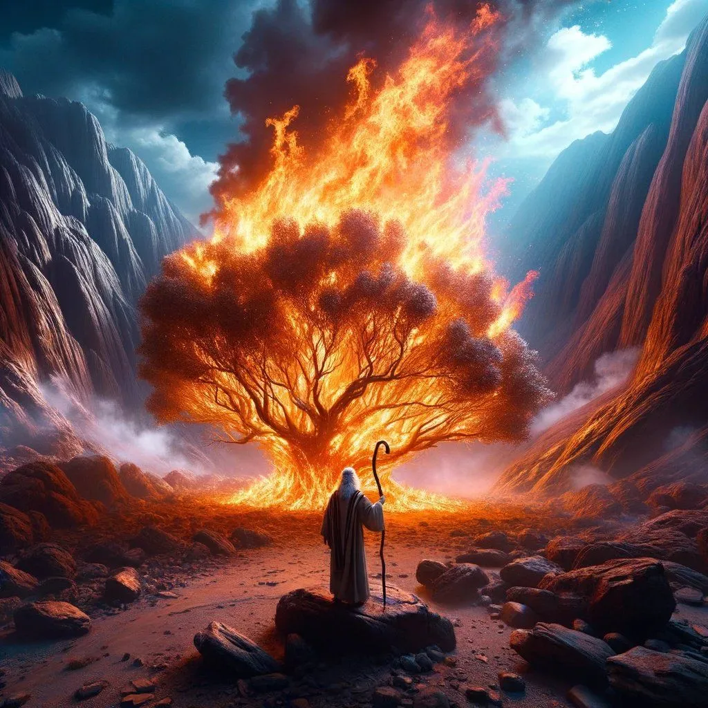 a man standing in front of a fire filled tree