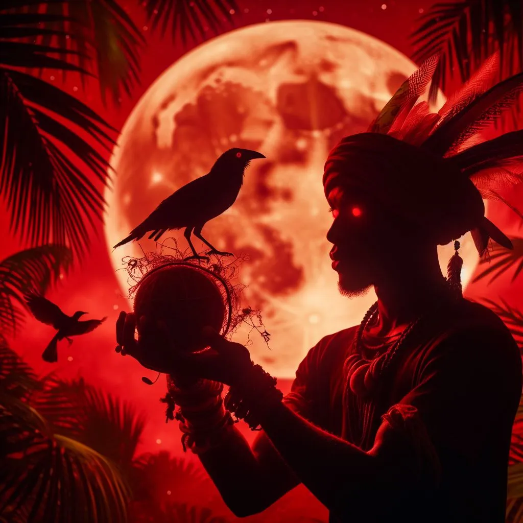 a silhouette of a Caribbean man holding a skull in front of a full moon