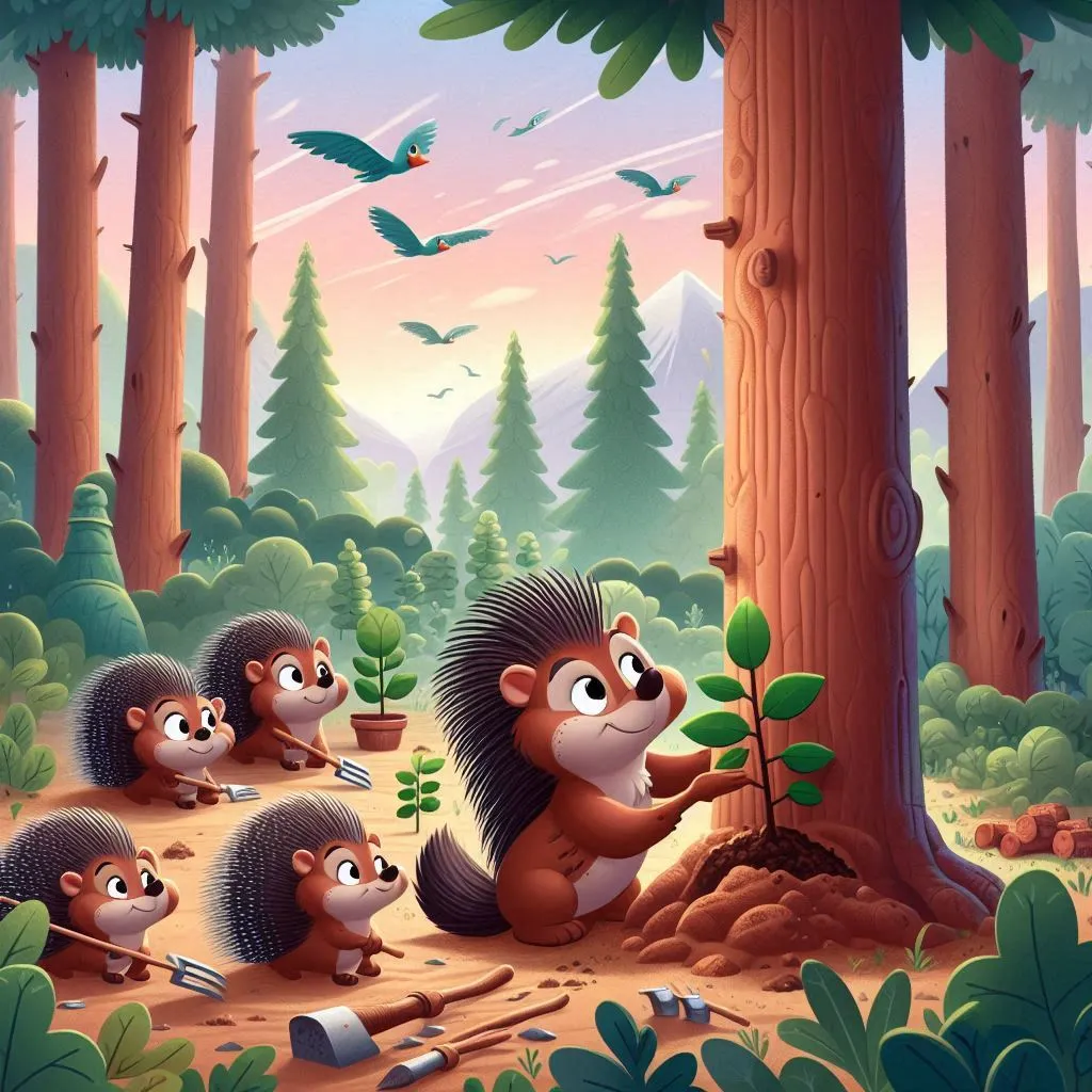 a group of hedgehogs standing in the middle of a forest