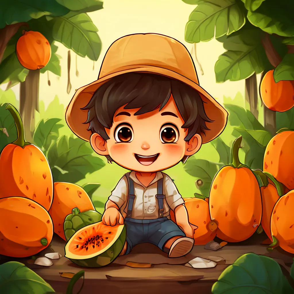 a boy sitting in the middle of a forest with lots of oranges