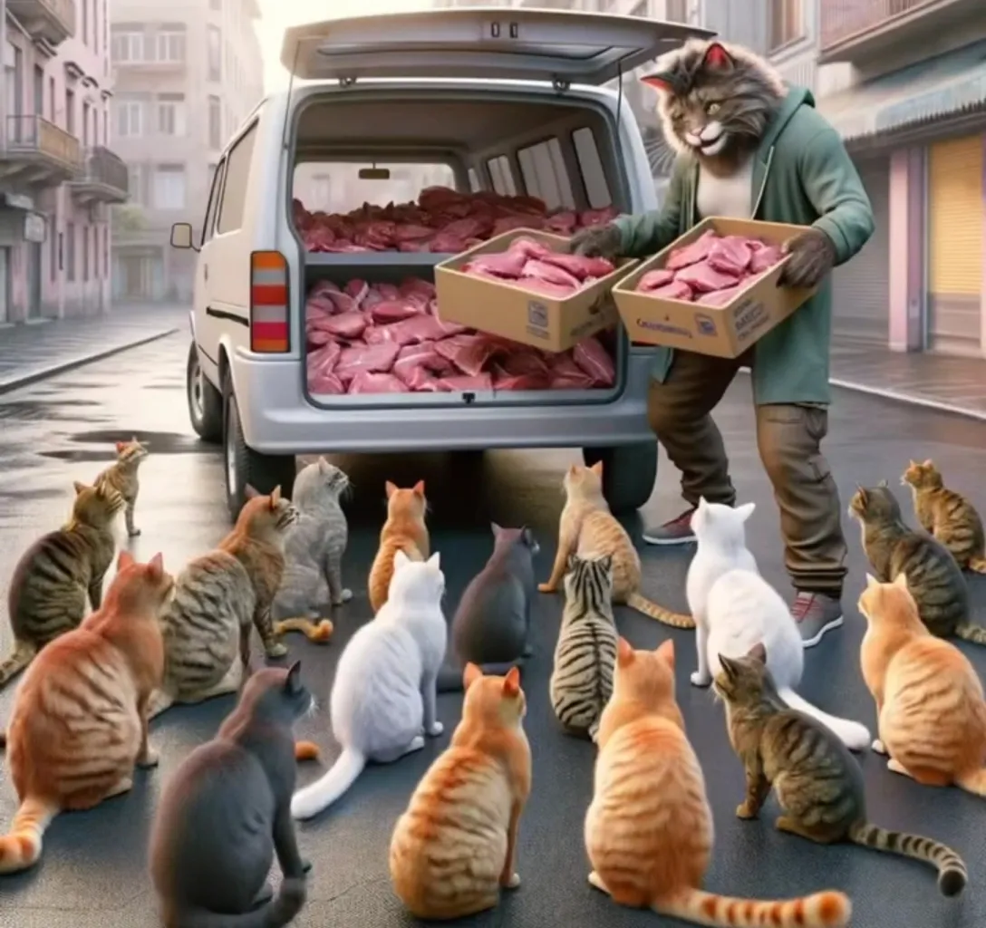 A bunch of cats in the back of a colorful truck, surrounded by dreamy pastels and soft light.