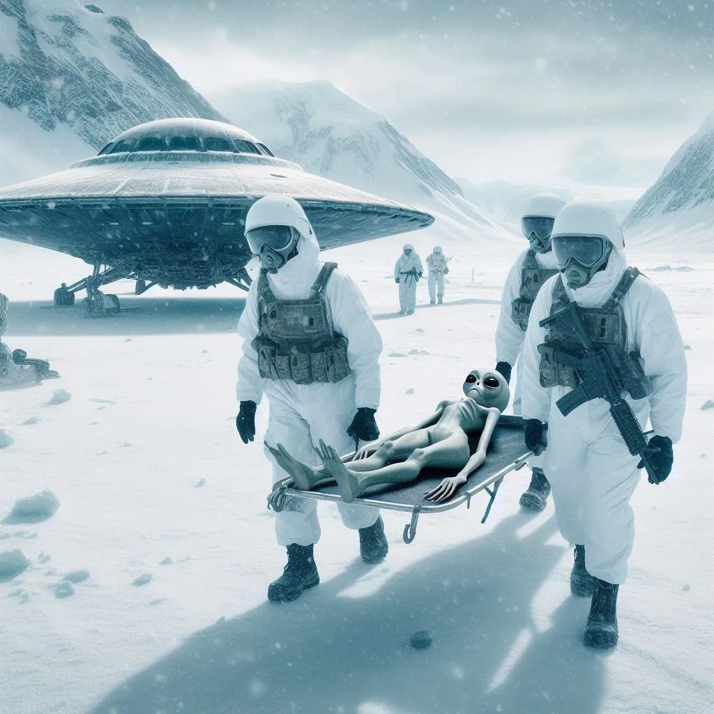 a group of people standing around a alien person on a sled