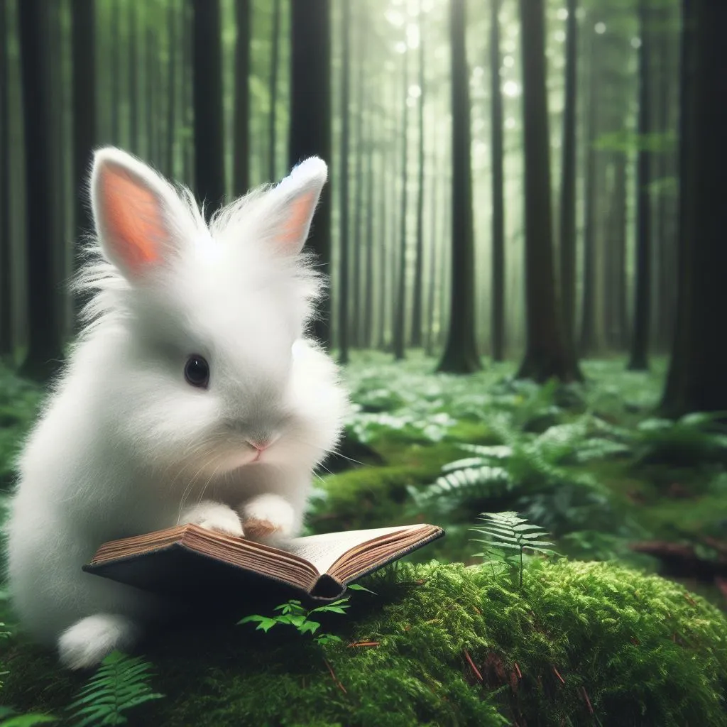 a white rabbit sitting on top of a book in a forest