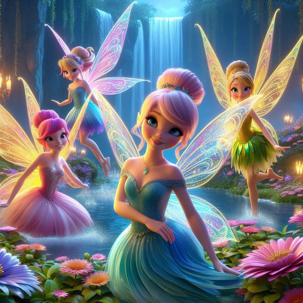 a group of fairies happily sit in garden, their wings are flapping slowly