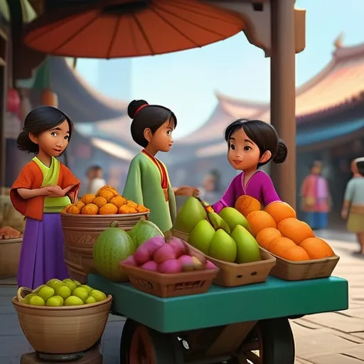 a group of children standing around a cart filled with fruit