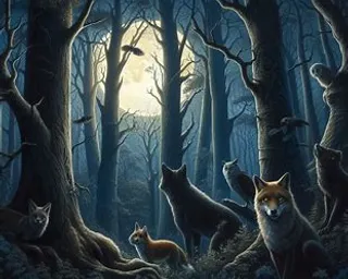 a painting of a group of foxes in a forest