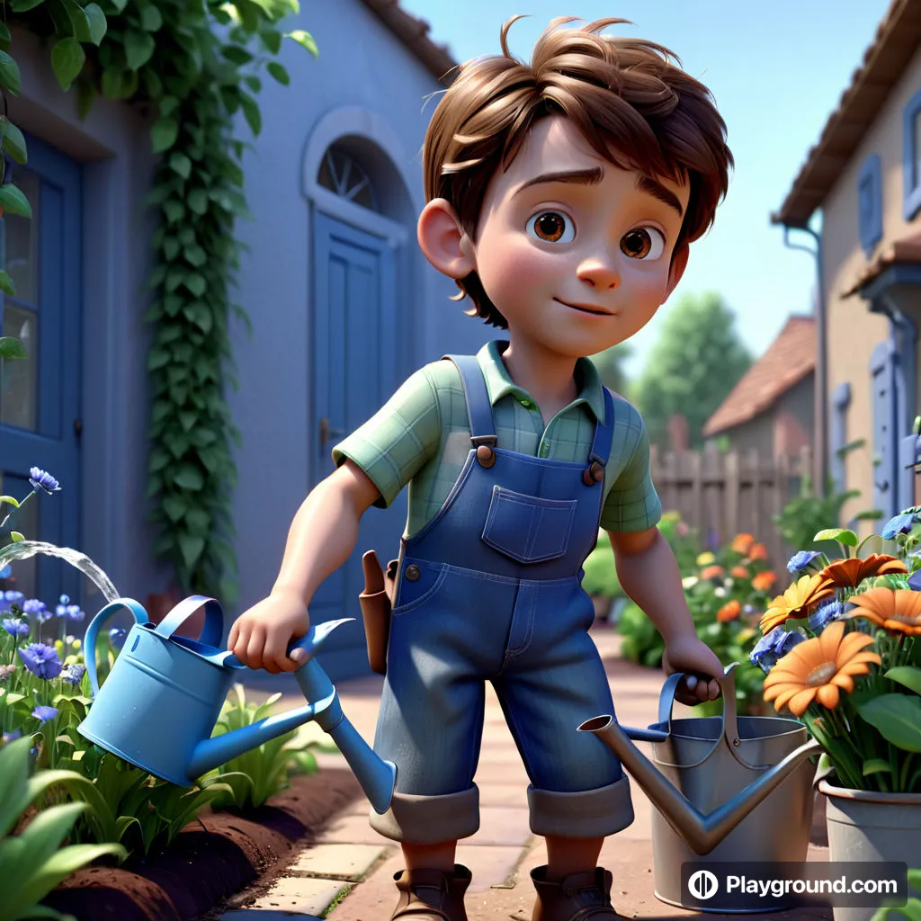 a young boy watering flowers in a garden