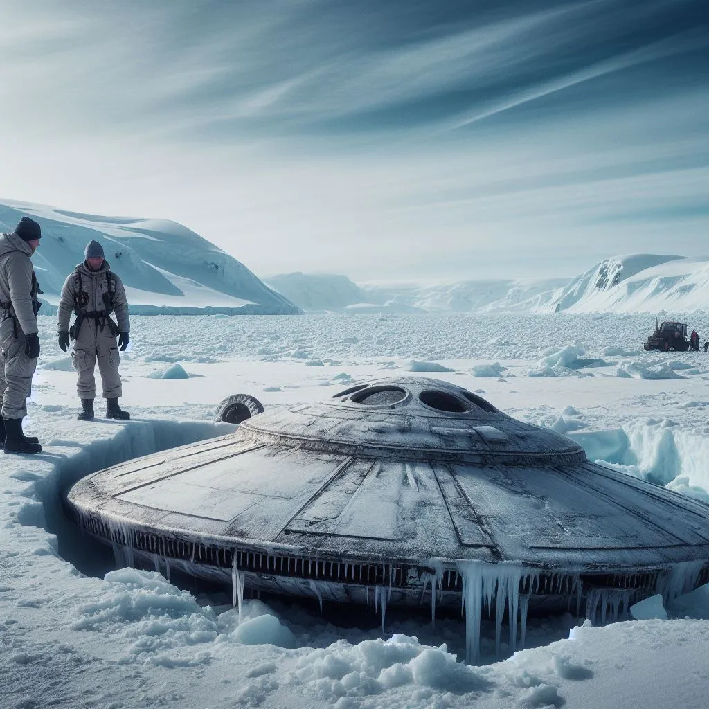 a couple of men standing next to a giant object in the snow