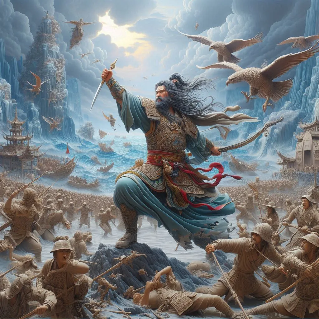 a painting of a man with a sword surrounded by birds