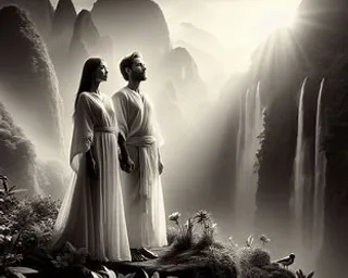 a black and white photo of two people standing in front of a waterfall