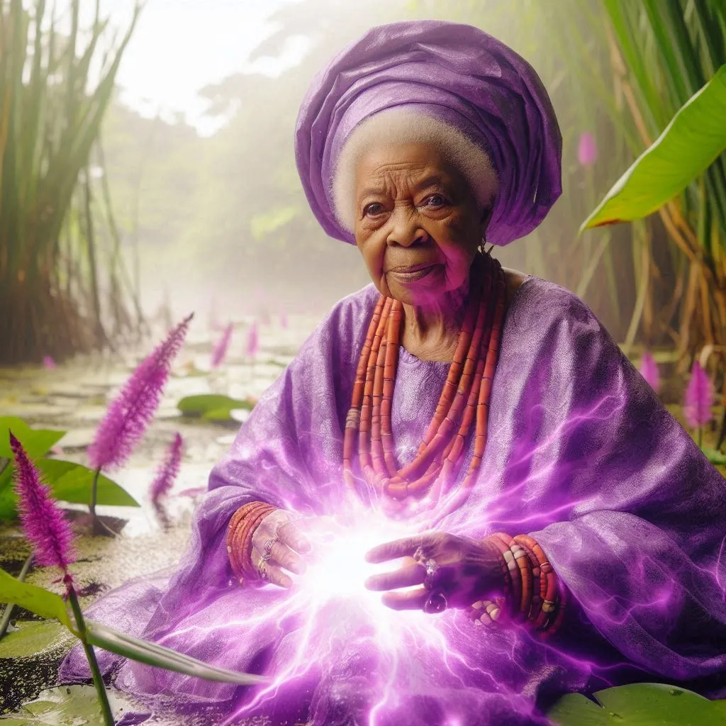 a woman in a purple outfit holding a purple light