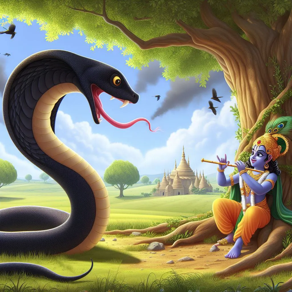 a painting of a snake and a krishna playing flute