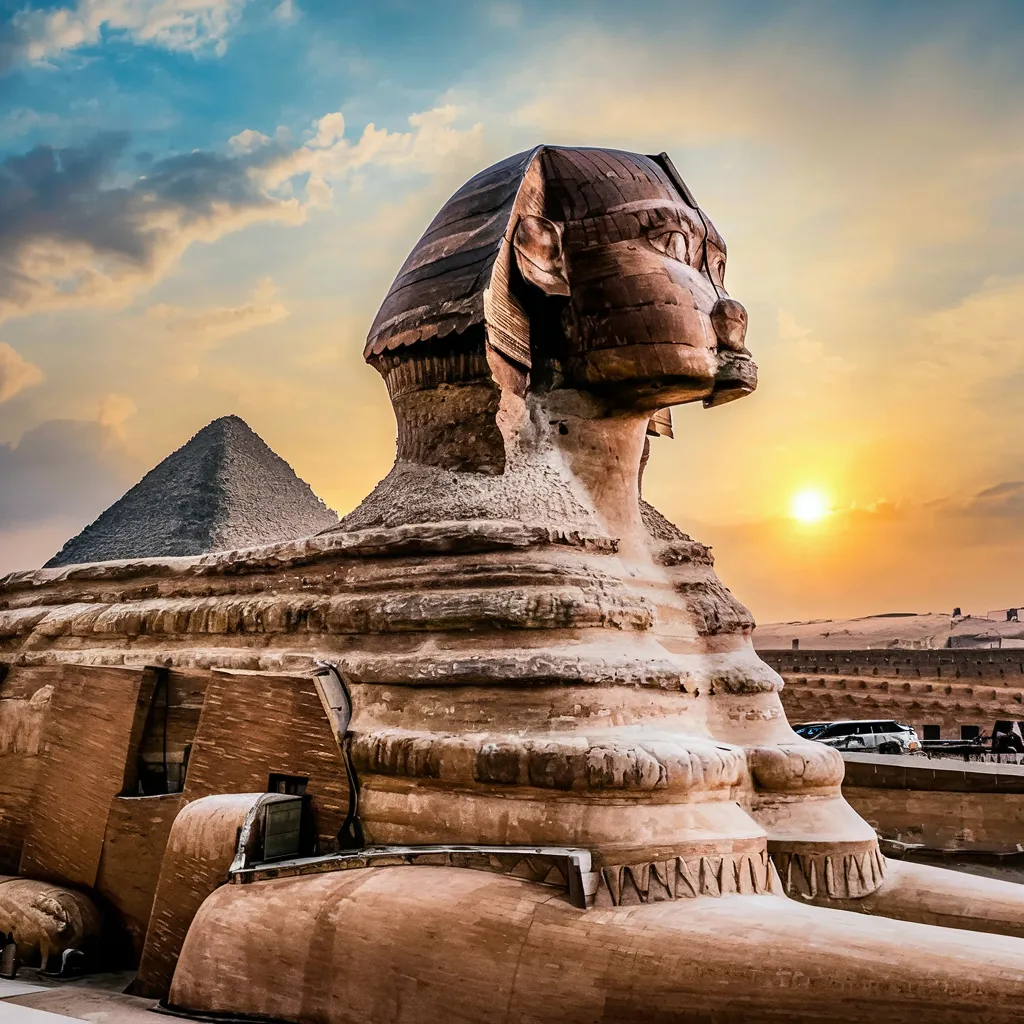 a large sphinx statue in front of a pyramid